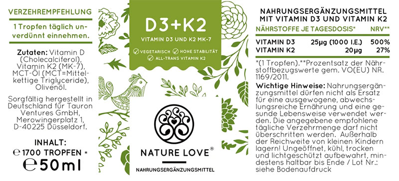 Thành Phần Chính Của Nature Love D3 + K2 50Ml. Vitamin D3 Và K2 Tham Gia Vào Nhiều Chức Năng Của Cơ Thể.