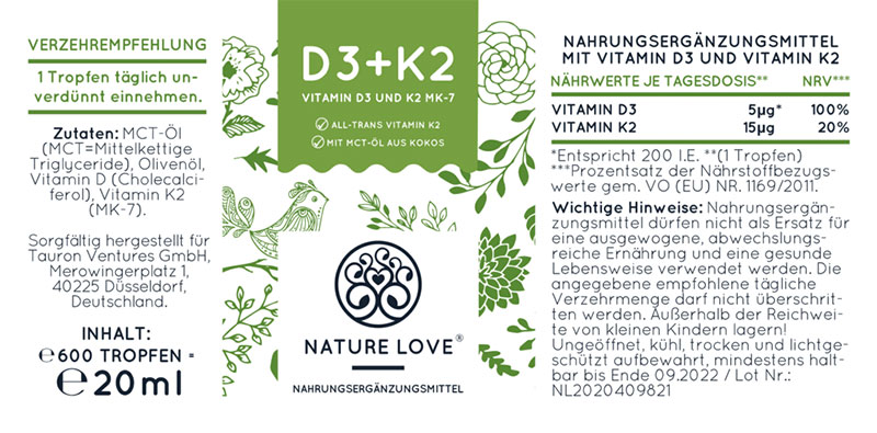Thành phần chính của nature love d3 + k2. Vitamin d3 và k2 tham gia vào nhiều chức năng của cơ thể.
