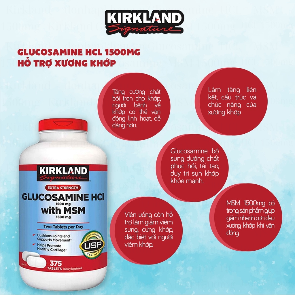 Kirkland glucosamine hcl 1500mg with msm 1500mg hop 375 vien 13 emsa