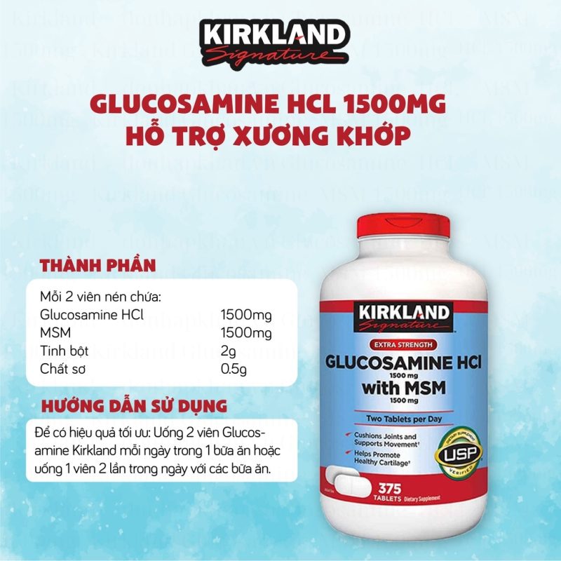 Kirkland glucosamine hcl 1500mg with msm 1500mg hop 375 vien 9 emsa